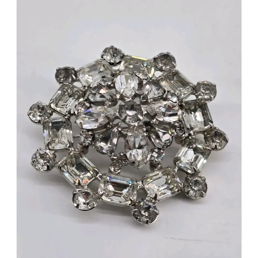 Vintage 40s Joseph Wiesner NY Silver Tone & Clear Rhinestone Pin Brooch